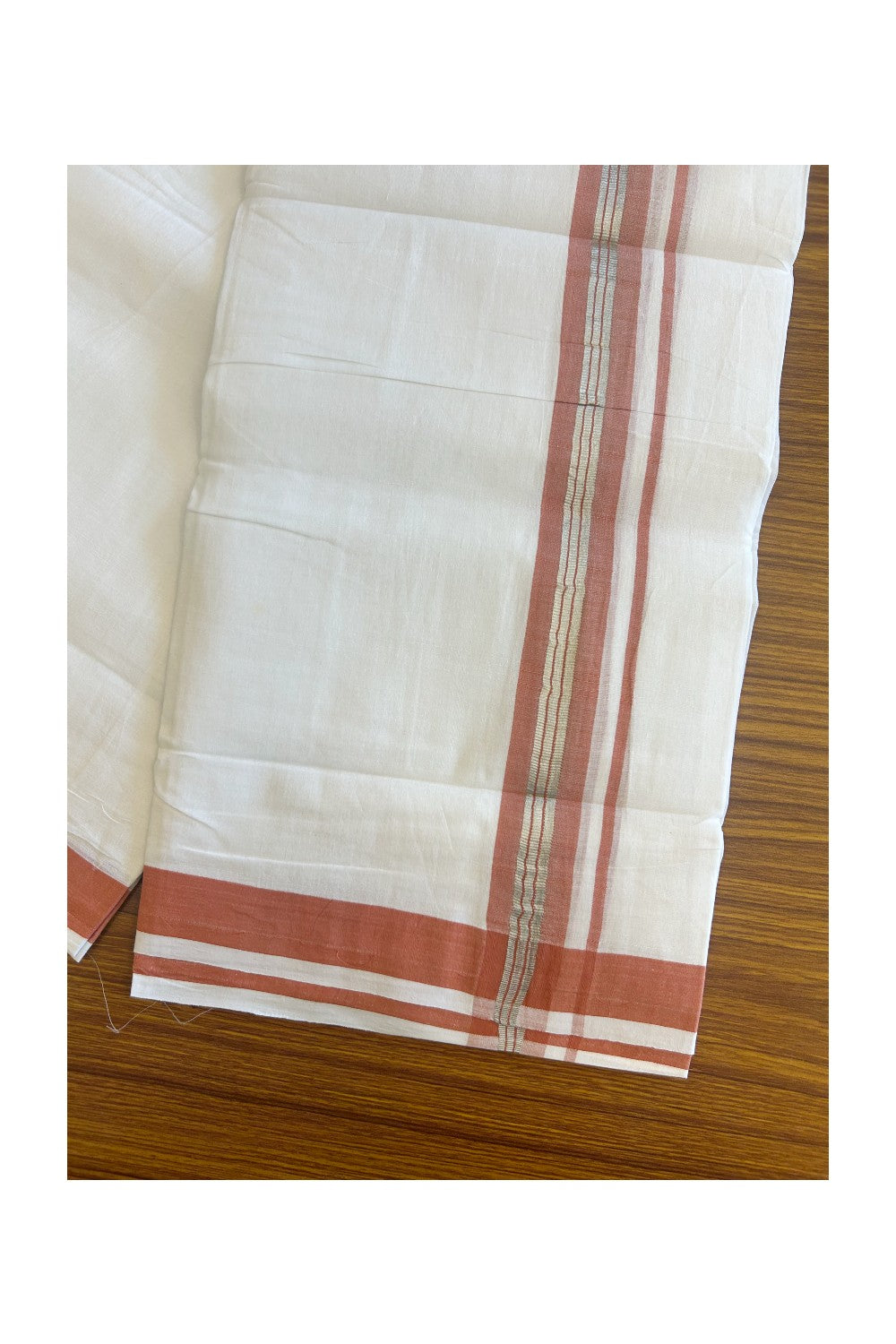 19% OFFER! KaithariKada 100% Cotton Balaramapuram HANDLOOM Double PURE WHITE Mundu/Dhoti - 1.75 inch Brick Red & Silver Kasavu Striped Kara - 1KK5086KK