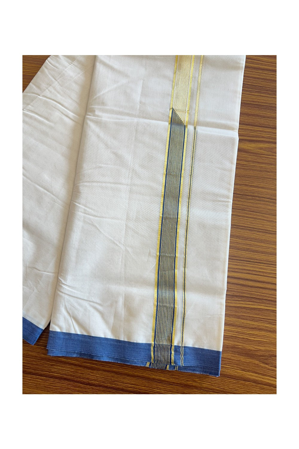 19% DISCOUNT! KaithariKada Balaramapuram 100% Cotton Double Off white - (Unbleached) Mundu/Dhoti-100x100 Chutty Heavy Designer Blue & Kasavu 1.25 inch Kara- 1KK5088ASH