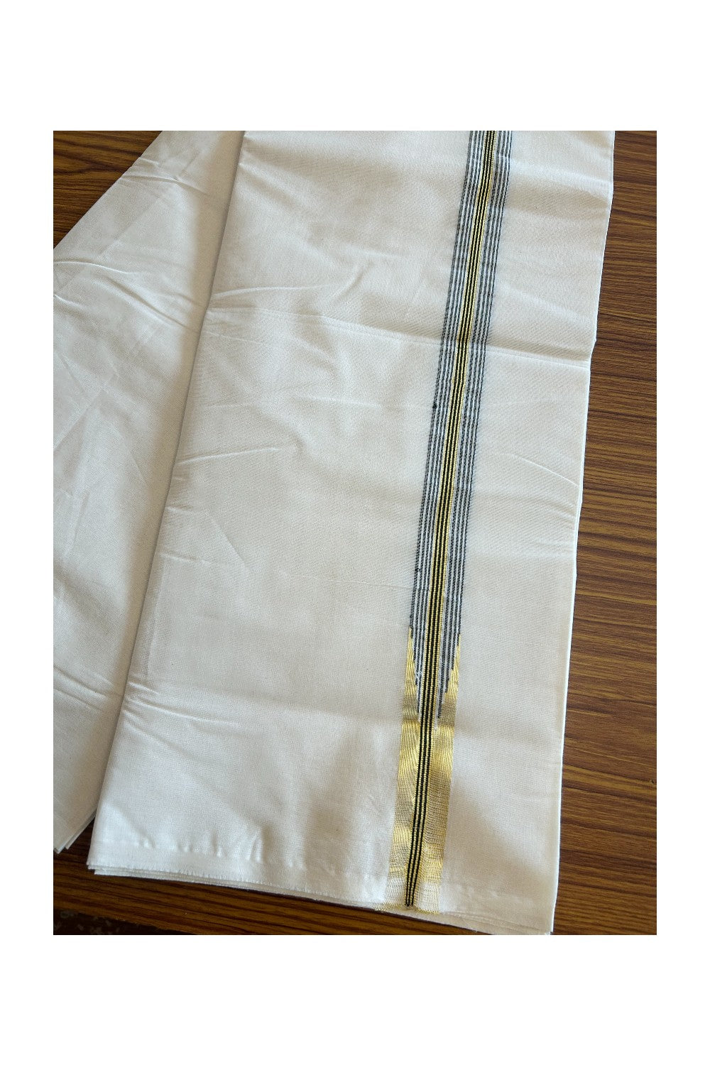 SHORT DHOTI SPECIAL! Kaitharikada.com - 26% Discount! Balaramapuram Double Off white - (Unbleached) Mundu/Dhoti - 100X100 - 1 inch Kara & 46 inches Height Puliyilakkara Chutty Gold Kasavu & Black Striped Kara - 1KK5090ASH