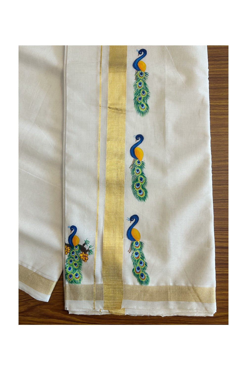 KaithariKada HANDLOOM Millpaav Balaramapuram - 100% PURE Cotton OFF White - (Unbleached) Double Mundu/Dothi - 1.75 Inch Kasavu kara Hand Painted Peacock Design - 1KK5091RAM