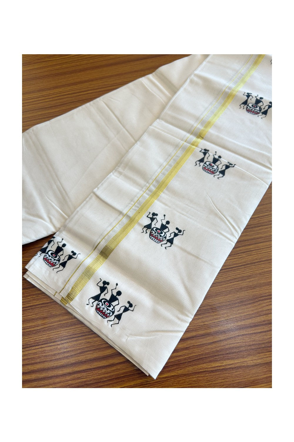 KaithariKada Balaramapuram 100% Cotton Double Off white - (Unbleached) Mundu/Dhoti - 100x80 1 inch Kasavu & Hand Painted Black Warli Design Kara 3.72 meter - 1KK5092ASH