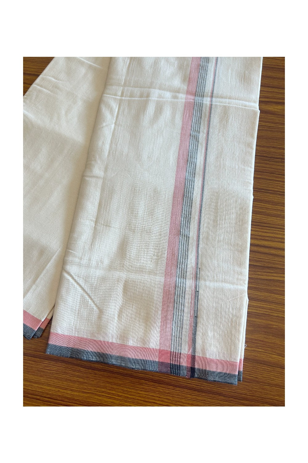 SIGNATURE KAITHARIKADA EXCLUSIVE SINGLE DHOTI - 100% Cotton Balaramapuram HANDLOOM Single Mundu/Dhoti - Off White -  (Unbleached) - 1 inch Pink Black & Silver KASAVU Striped Chutty Kara (2 meter / 4 muzham) - 1KK5094KAI