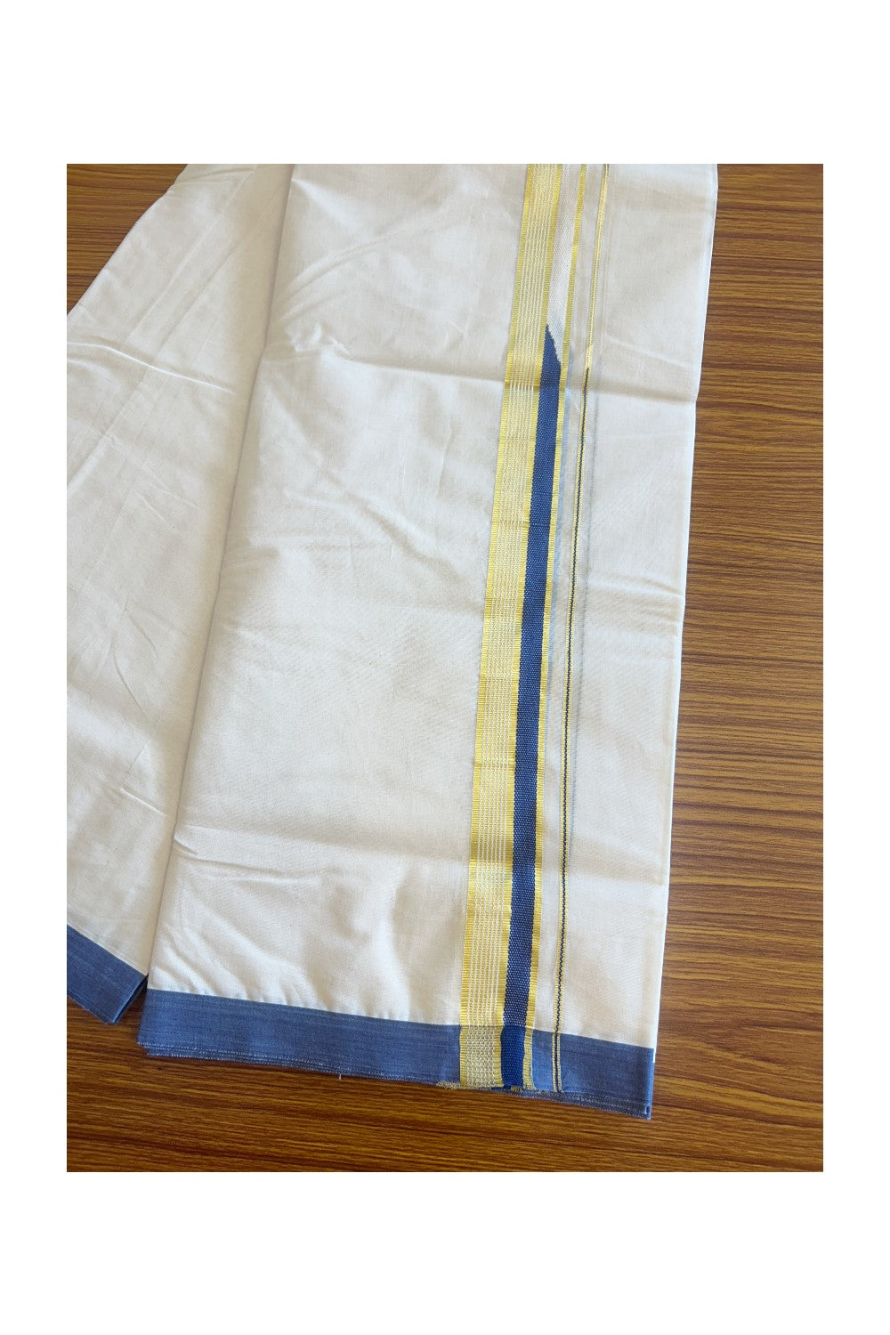 19% DISCOUNT! KaithariKada Balaramapuram 100% Cotton Double Off white - (Unbleached) Mundu/Dhoti-100x100 Chutty Heavy Designer Blue & Kasavu 1.5 inch Kara- 1KK5095ASH