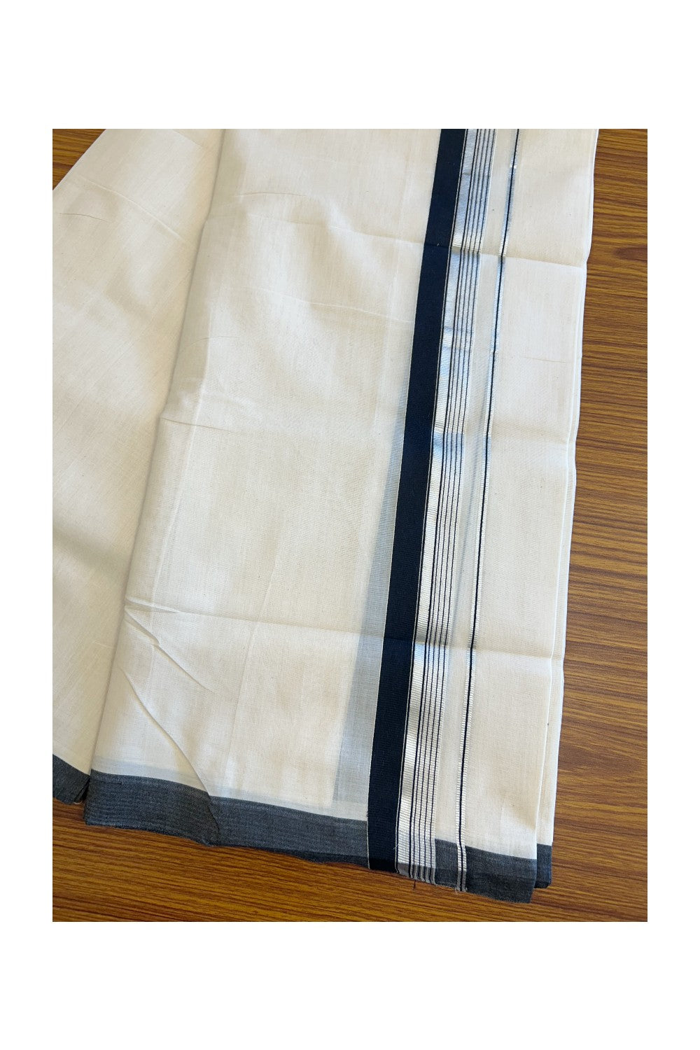 19% Discount! KaithariKada HANDLOOM UNAKKUPAAV Balaramapuram - 100% Cotton Double OFF White (Unbleached) - Mundu/Dhoti - 100x100 2.25 inch BLACK & Silver kasavu side Stripes Kara - 1KK5096YAR