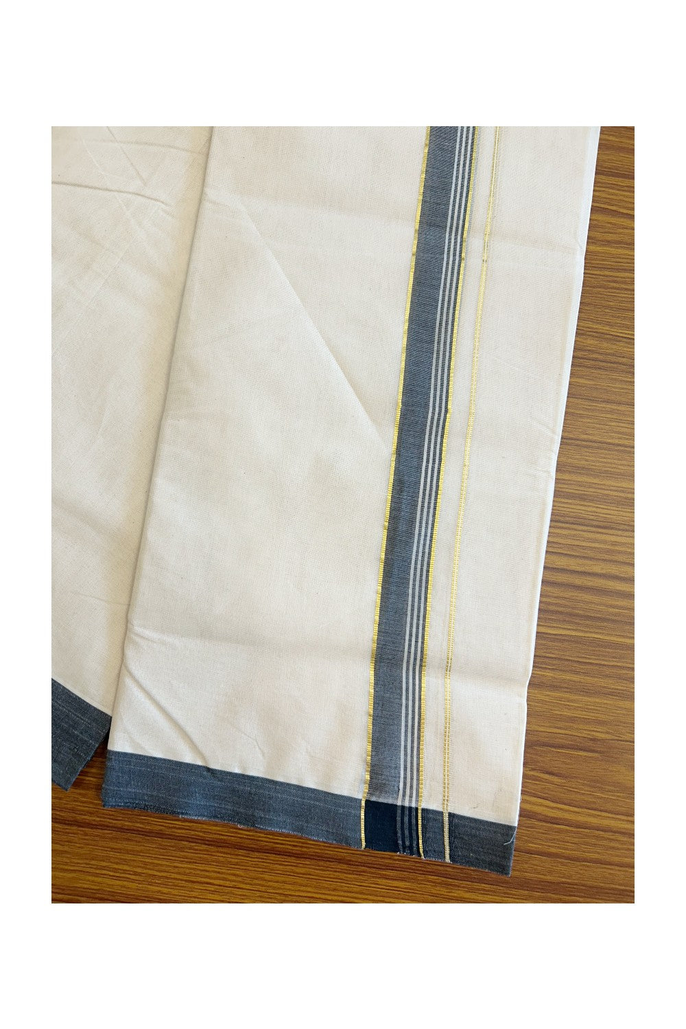 19% Discount KaithariKada Balaramapuram 100% Cotton Double Off white - (Unbleached) - Mundu/Dhoti- 100x80 - 1.75inch Gold Kasavu & Black Striped Kara 3.64 mtr (8 Muzham)- 1KK5101ASH