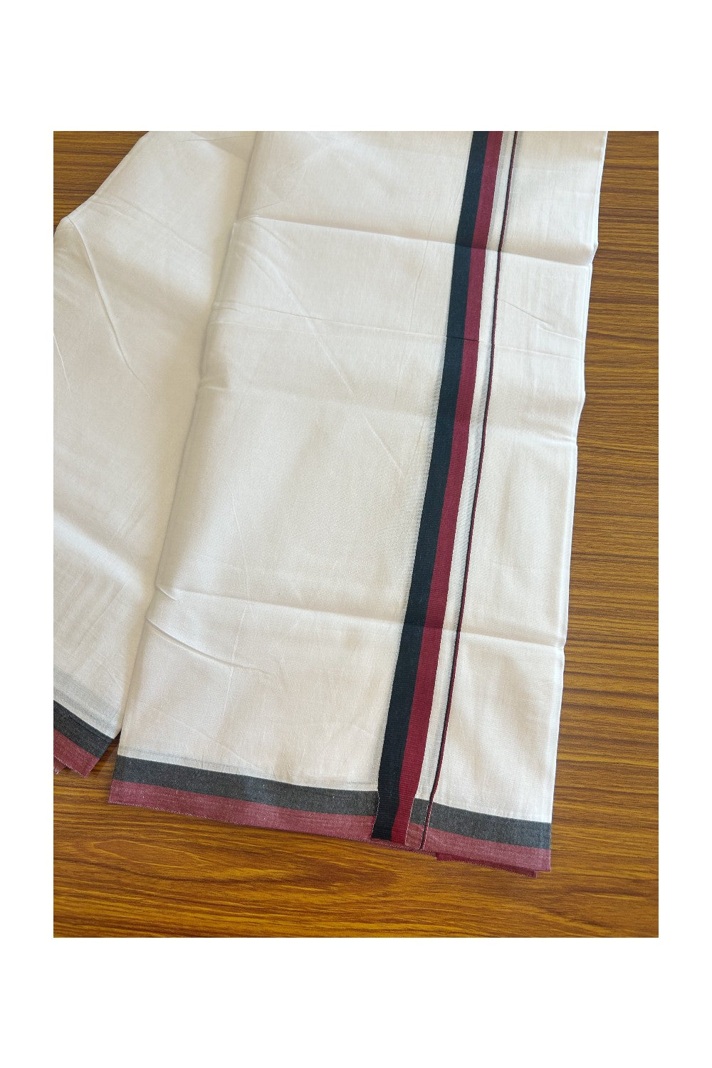 DMK Veshti - 19% DISCOUNT! KaithariKada 100% Cotton Pure white Double Mundu/Dhoti - 100X100 - 1.25 inch Black & Maroon kara - 1KK5102ASH