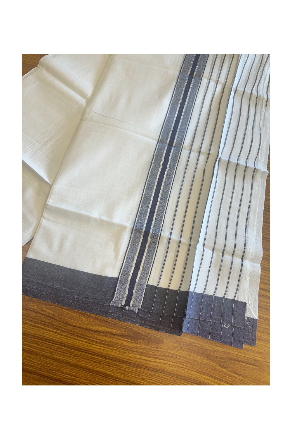 20% Discount !! KaithariKada Balaramapuram Double PURE WHITE Mundu/Dhoti- 100x80 - 7.75 inch Navy Blue & Silver Striped kara - 3.90 mtr - 1KK5112PMC