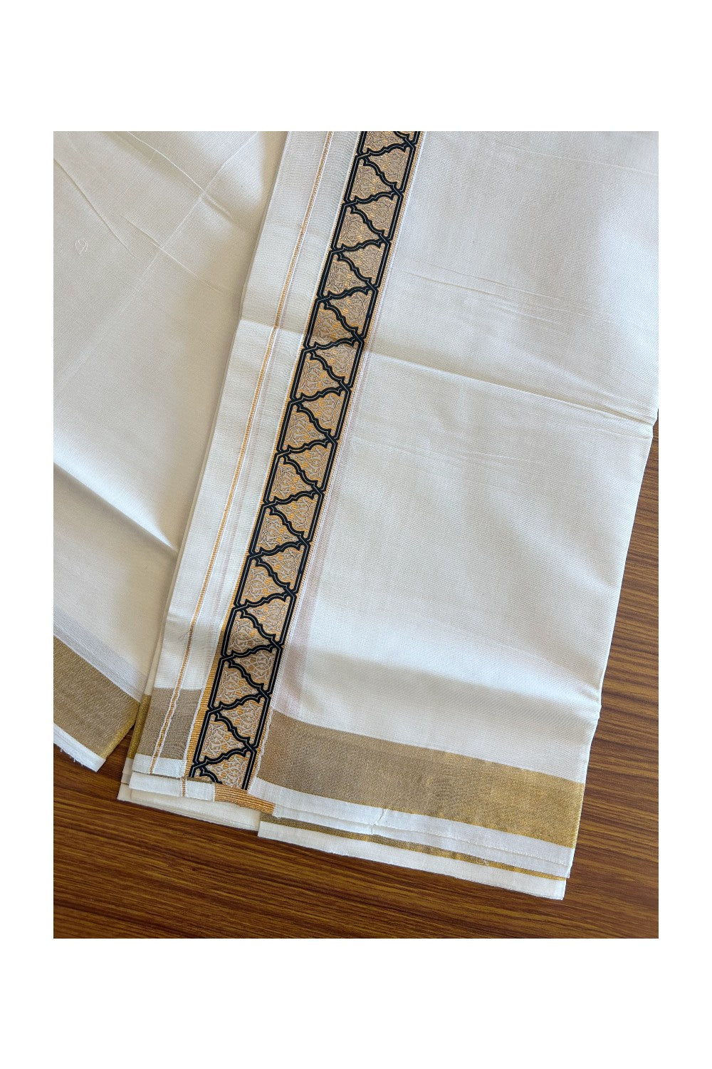 20% DISCOUNT ! KaithariKada Balaramapuram Mixed Cotton OFF White (Unbleached) Double  Mundu/Dhoti - 80x80 Thread Mixed Cotton - 2 inch Gold kasavu & Black designer kara - 1KK5113PMC