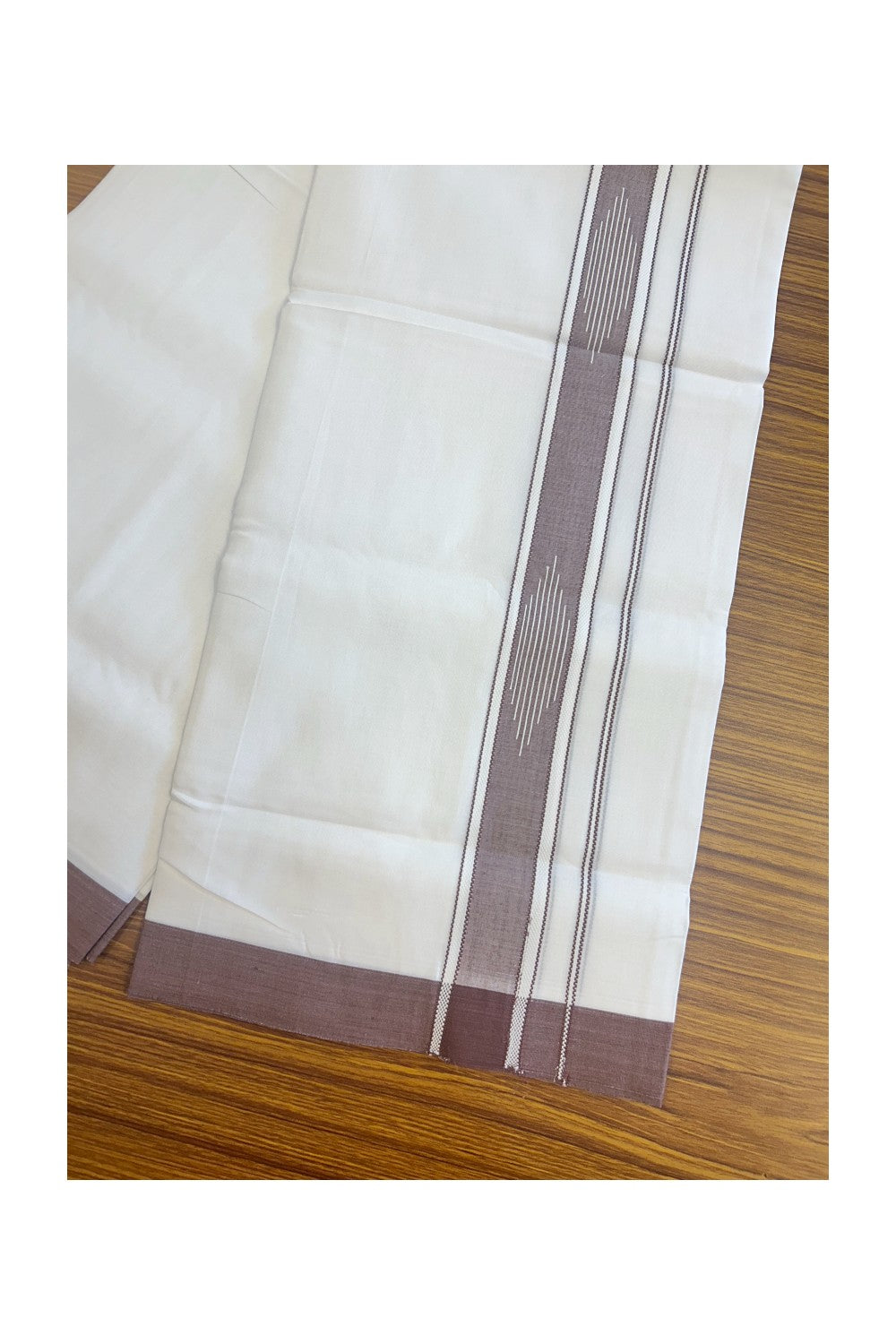 20% DISCOUNT! KaithariKada Balaramapuram 100% Cotton PURE WHITE Double Mundu/Dhoti-100x80 2.25 inch DARK BROWN shaded designer kara - 1KK5116MR