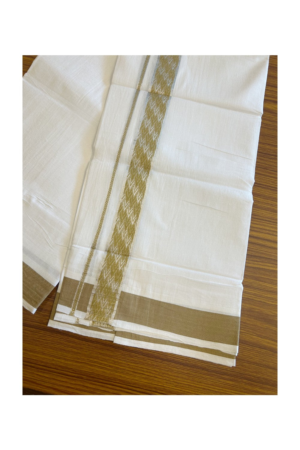 20% DISCOUNT! KaithariKada Balaramapuram 100% Cotton Double PURE white Mundu/Dhoti - 100x80 - 2 Inch Silver kasavu Sand Brown jacquard pattern Kara - 1KK5118PMC