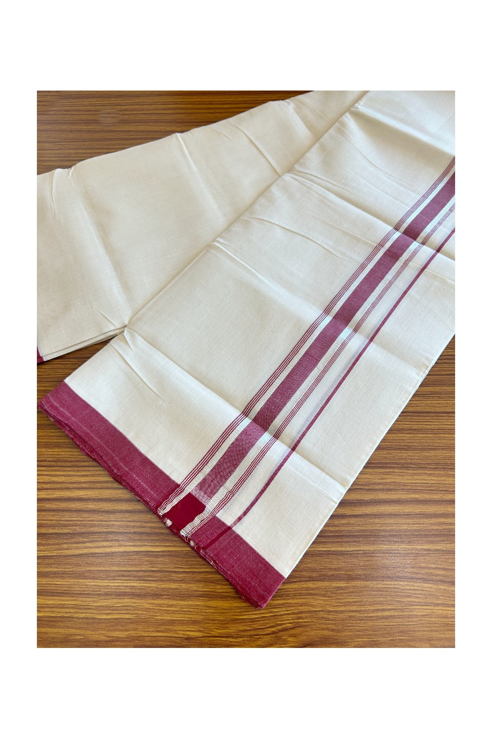 30% Discount! KaithariKada HANDLOOM MILLPAAV Balaramapuram - 100% Cotton Double OFF White (Unbleached) - Mundu/Dhoti - 100x100 2 inch Maroon & Silver kasavu side Stripes Kara - 1KK5119YAR