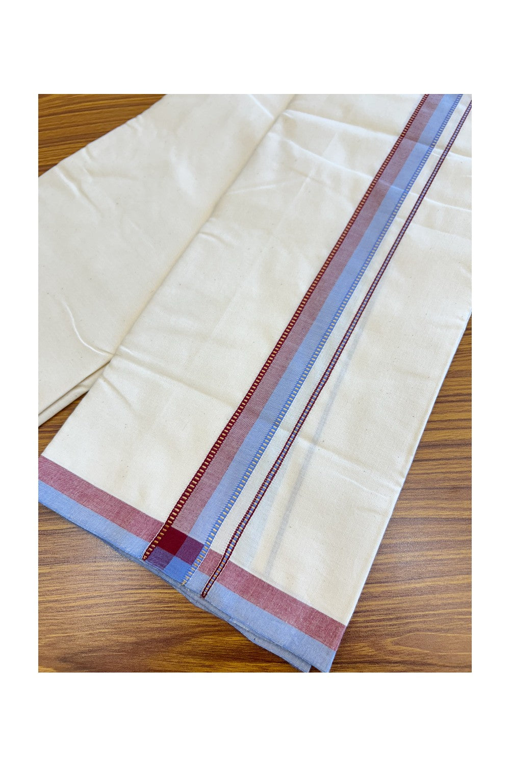 SIGNATURE KAITHARIKADA EXCLUSIVE SINGLE DHOTI - 30% Discount!!  100% Cotton Balaramapuram HANDLOOM Single Mundu/Dhoti - Off White - (Unbleached) 1.25 inch Lavender Blue & Maroon Kasavu Muthukuri Kara (1.75 meters /4 muzham) - 1KK5124KAI