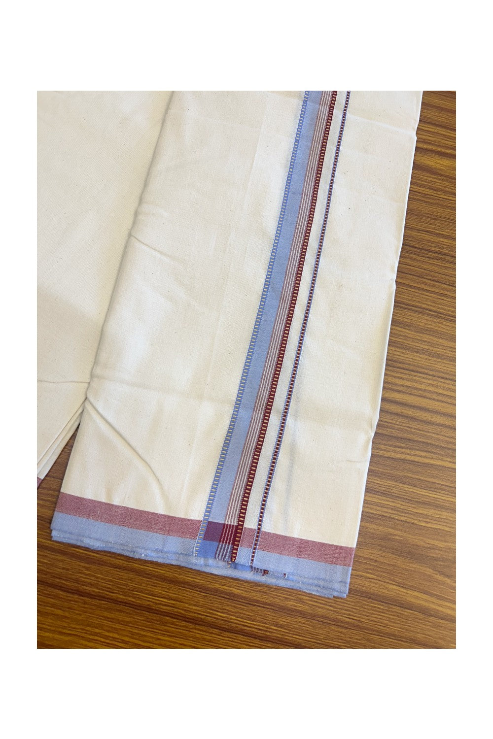 SIGNATURE KAITHARIKADA EXCLUSIVE SINGLE DHOTI - 30% Discount!!  100% Cotton Balaramapuram HANDLOOM Single Mundu/Dhoti - Off White - (Unbleached) 1 inch Lavender Blue & Maroon Kasavu Muthukuri white striped Kara (1.72 meters /4 muzham) - 7KK5131KAI