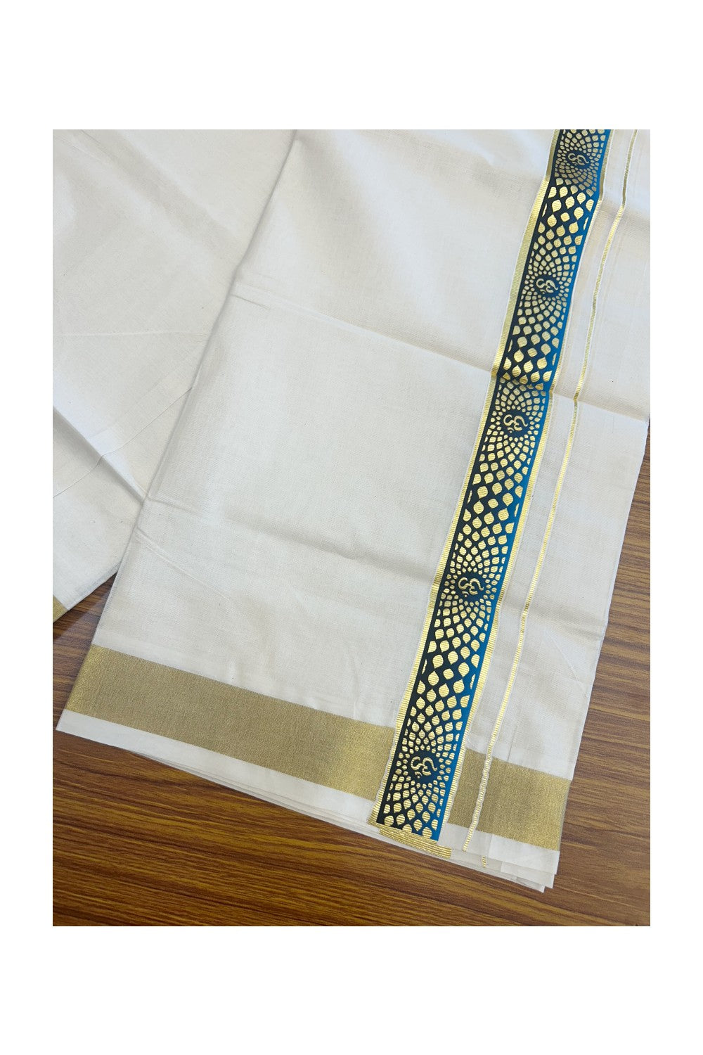 19% Discount !! KaithariKada Balaramapuram 100% Cotton Double Off white - (Unbleached) Mundu/Dhoti-100X80- 1.5 inch Hand Painted Kasavu Peacock Blue & Black OHM Design Kara- 1KK5135GAN