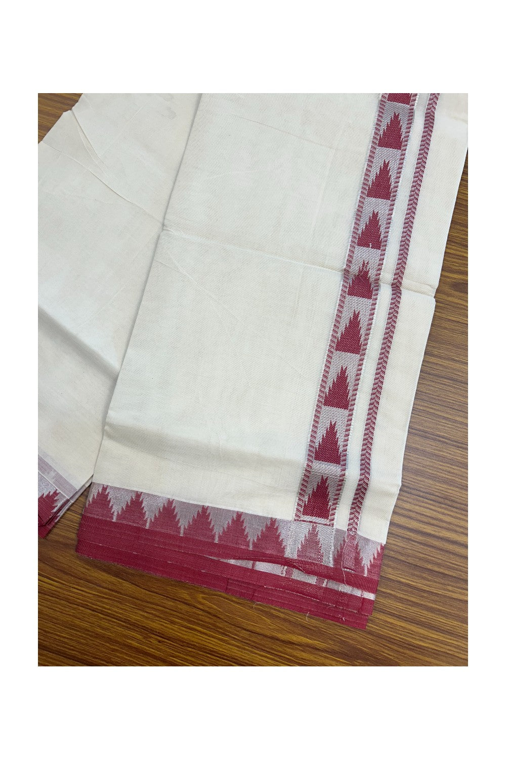 20% DISCOUNT ! KaithariKada Balaramapuram 100% Cotton Double off white  (Unbleached) Mundu/Dhoti - 100X90 - 1.5 inch Silver kasavu & Magenta Red Temple design kara - 1KK5147PMC