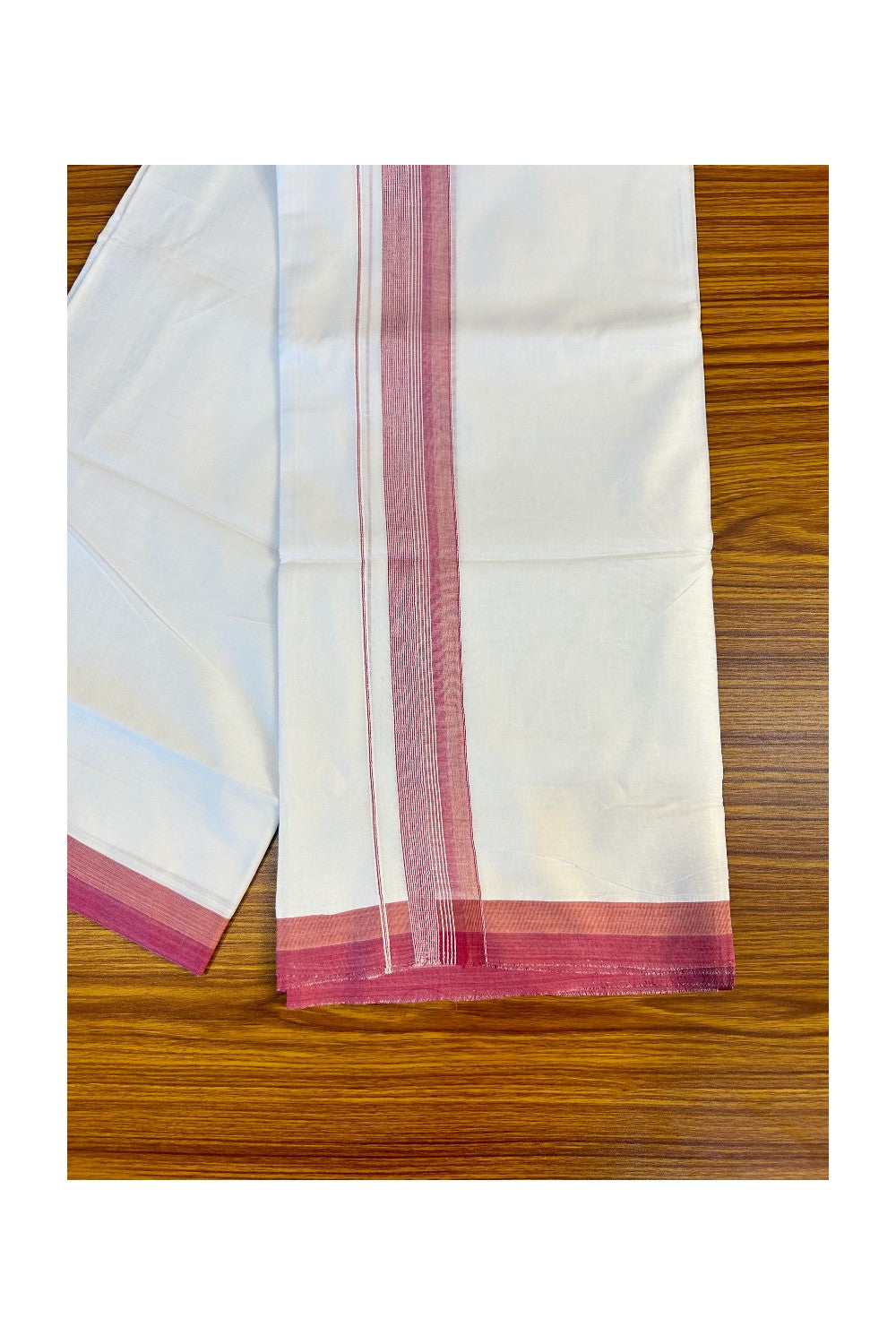 21% DISCOUNT!! Kaitharikada Balaramapuram 100% Cotton Ultra WHITE Double Mundu/Dothi-100x80  2.25 Inch PINK & WHITE STRIPED Cotton Kara -1KK63VAS.