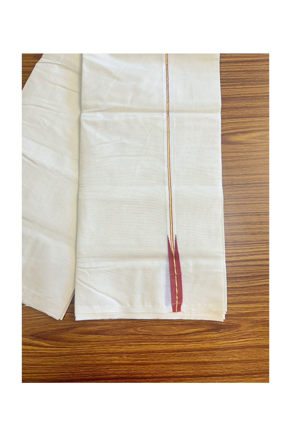 21% DISCOUNT!! KaithariKada Balaramapuram 100% Cotton Double  Mundu/Dhoti-100x100  Kasavu & brick red Chutty Kara - 1KK67RAM