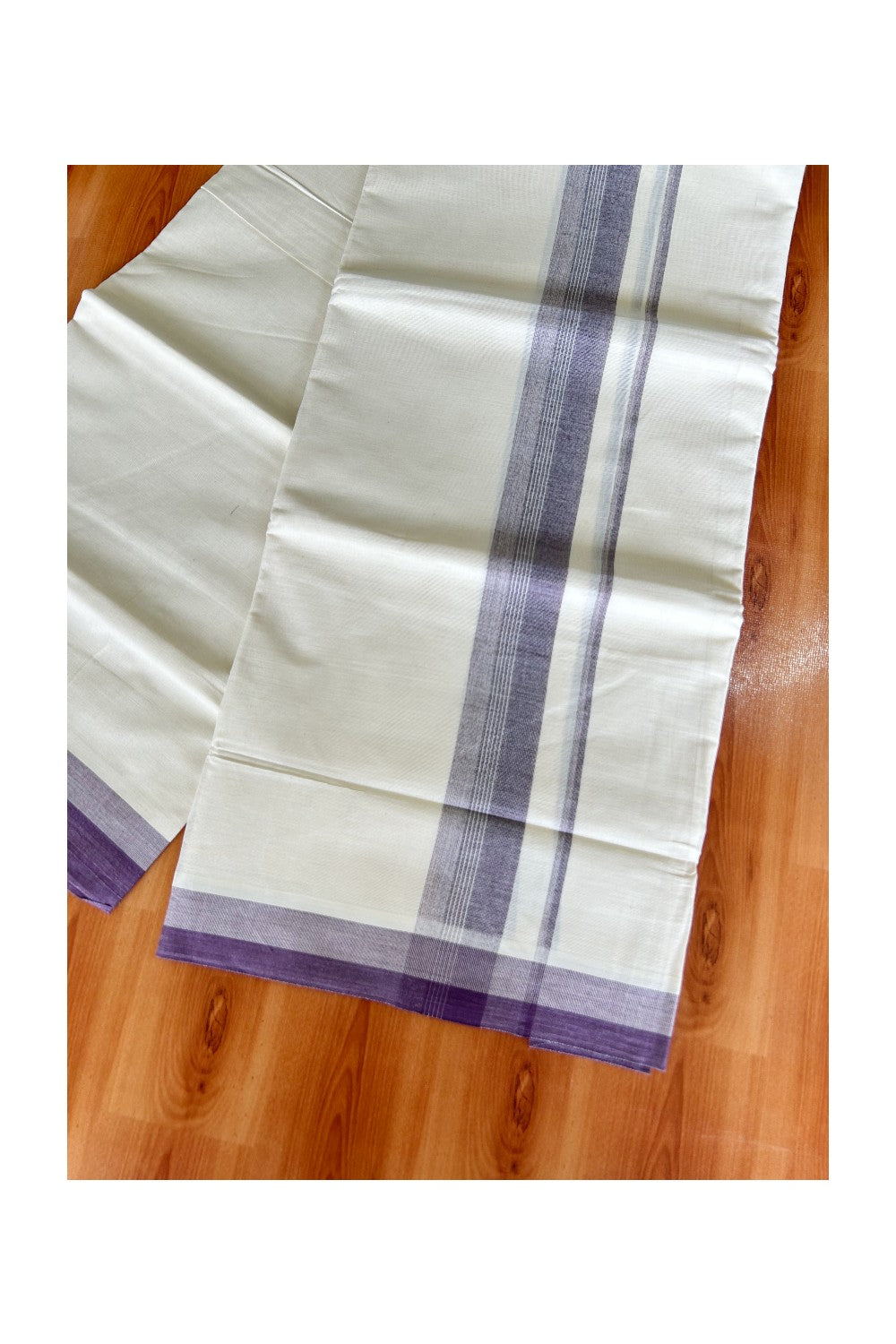 19% DISCOUNT ! KaithariKada Balaramapuram 100%  Cotton off white Double  Mundu/Dhoti - 100X100  Purple shaded kara with  centre stripes - 13KK81VIN