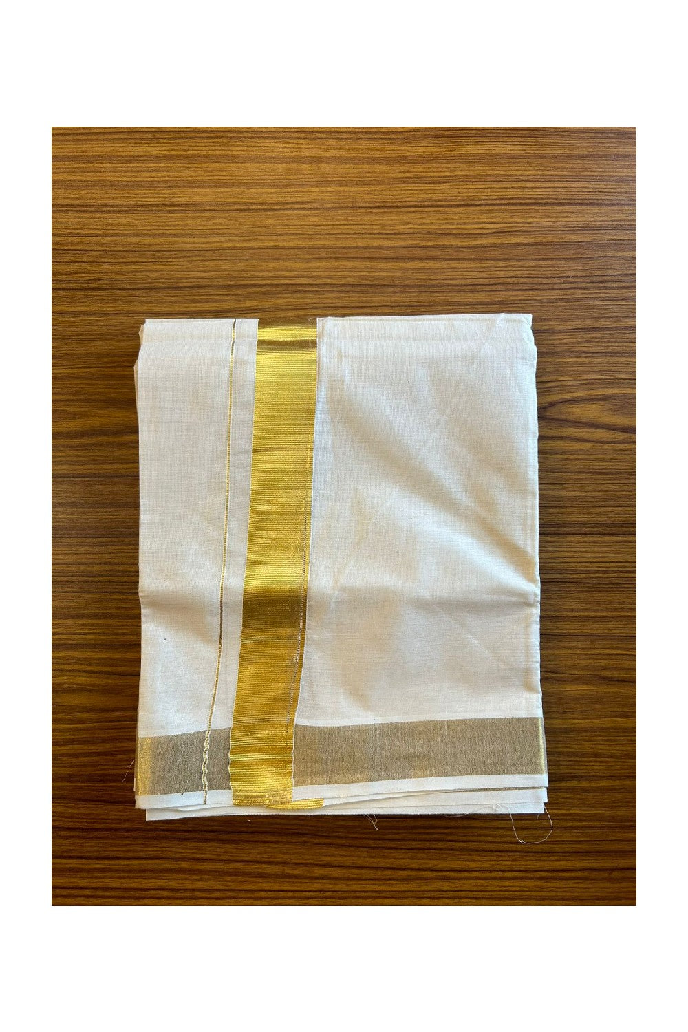 26% Discount !! KaithariKada Balaramapuram 100% Cotton Double Off White - (Unbleached) Mundu/Dhoti & Neriyath (80X72) -  2 inch Gold Kasavu kara - 1KK5064KK