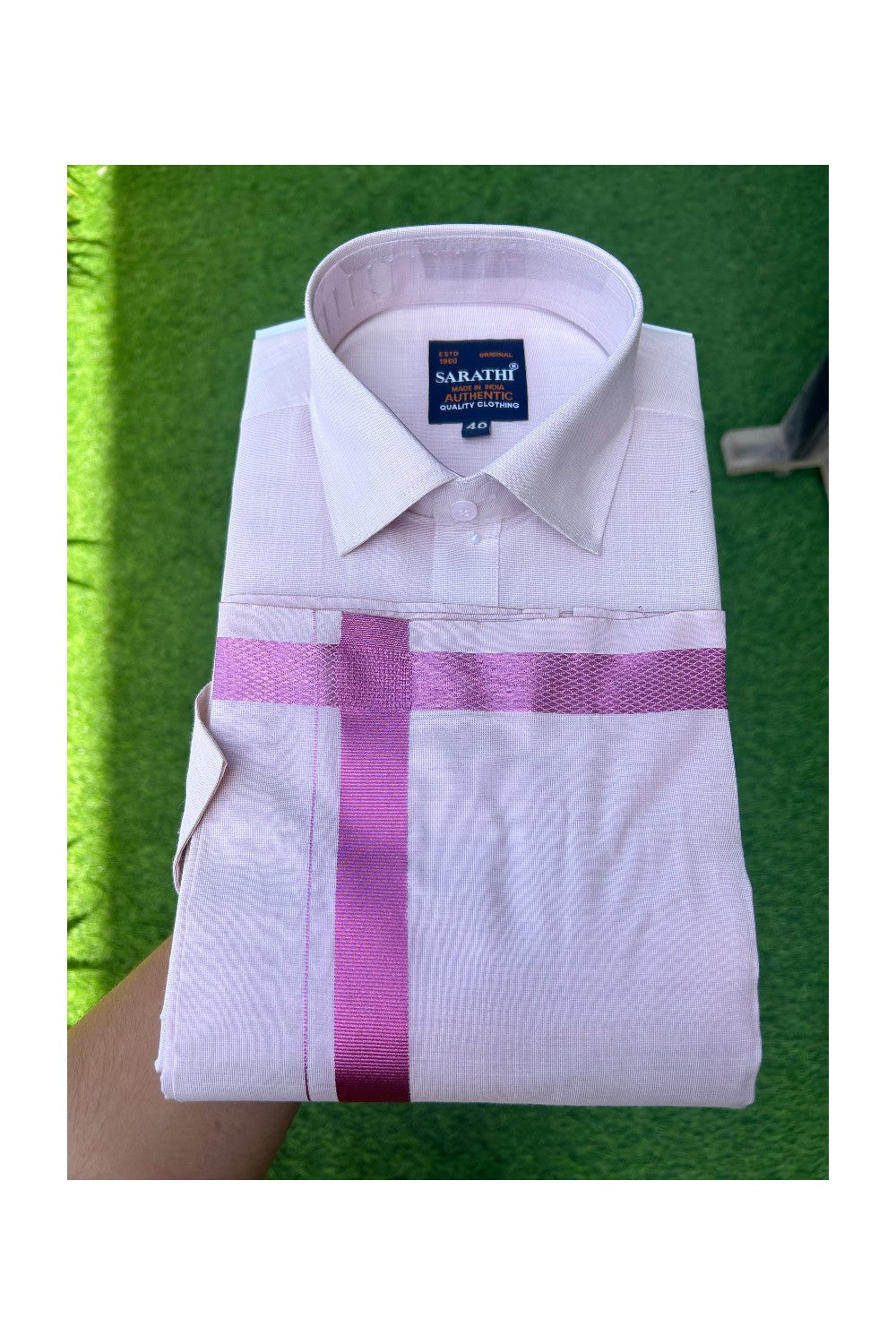 NEW! Kaitharikada Special - Pure Silk Men's Shirt & Dhoti Set - Pink Shaded Half Sleeve shirt and Pink Shaded Dhothi with Pink Kasavu Kara - 1KK6004SAR.