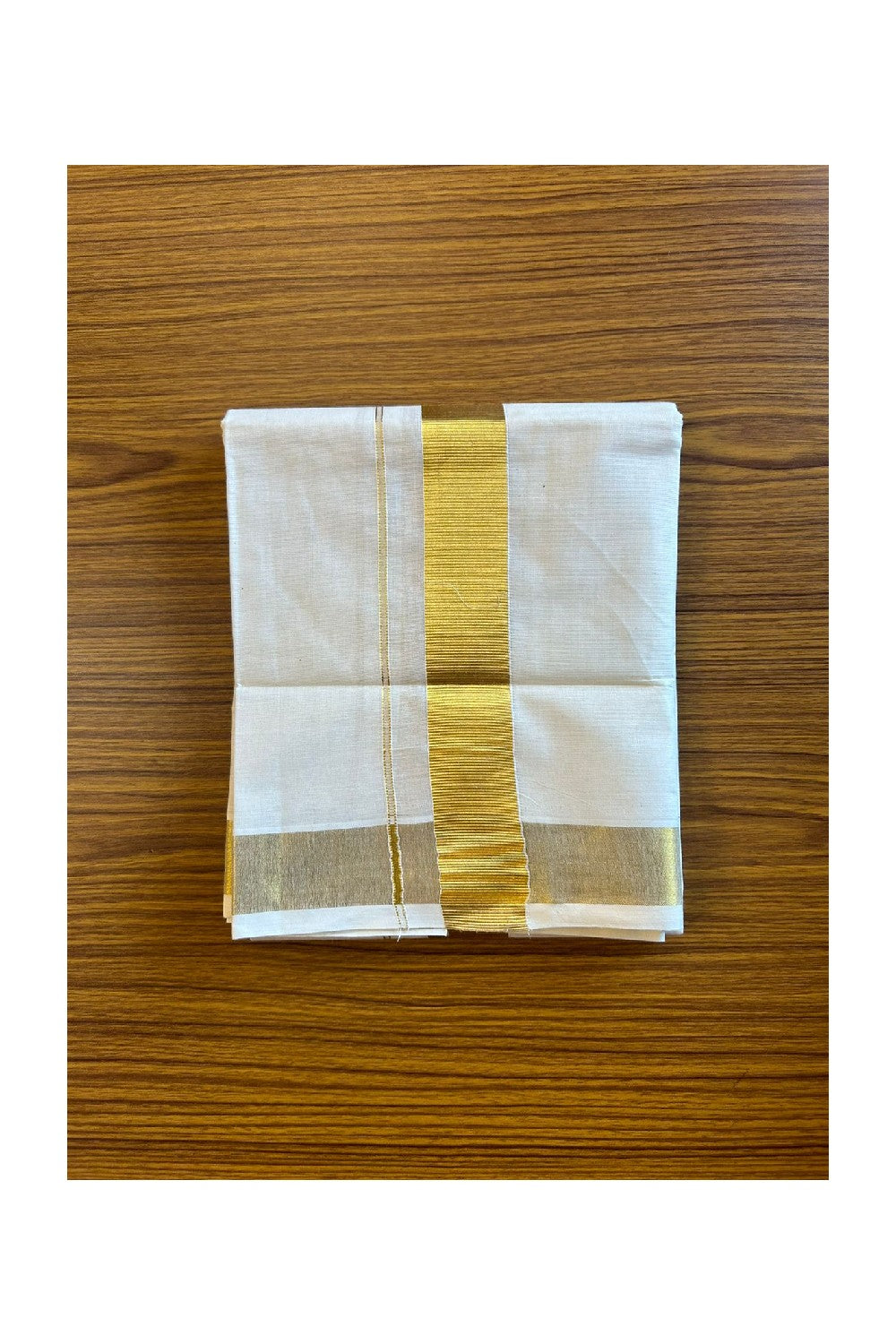 26% Discount !! KaithariKada Balaramapuram 100% Cotton Double Off White - (Unbleached) Mundu/Dhoti & Neriyath (80X72) -  2 inch Gold Kasavu kara - 1KK5064KK