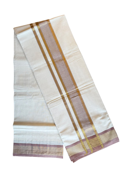 25% DISCOUNT!! KaithariKada HANDLOOM millpaav Balaramapuram - 100% PURE Cotton OFF White (Unbleached) Double Mundu/Dothi - 3.5 inch Brown & Kasavu striped kara - 10KK206VIN