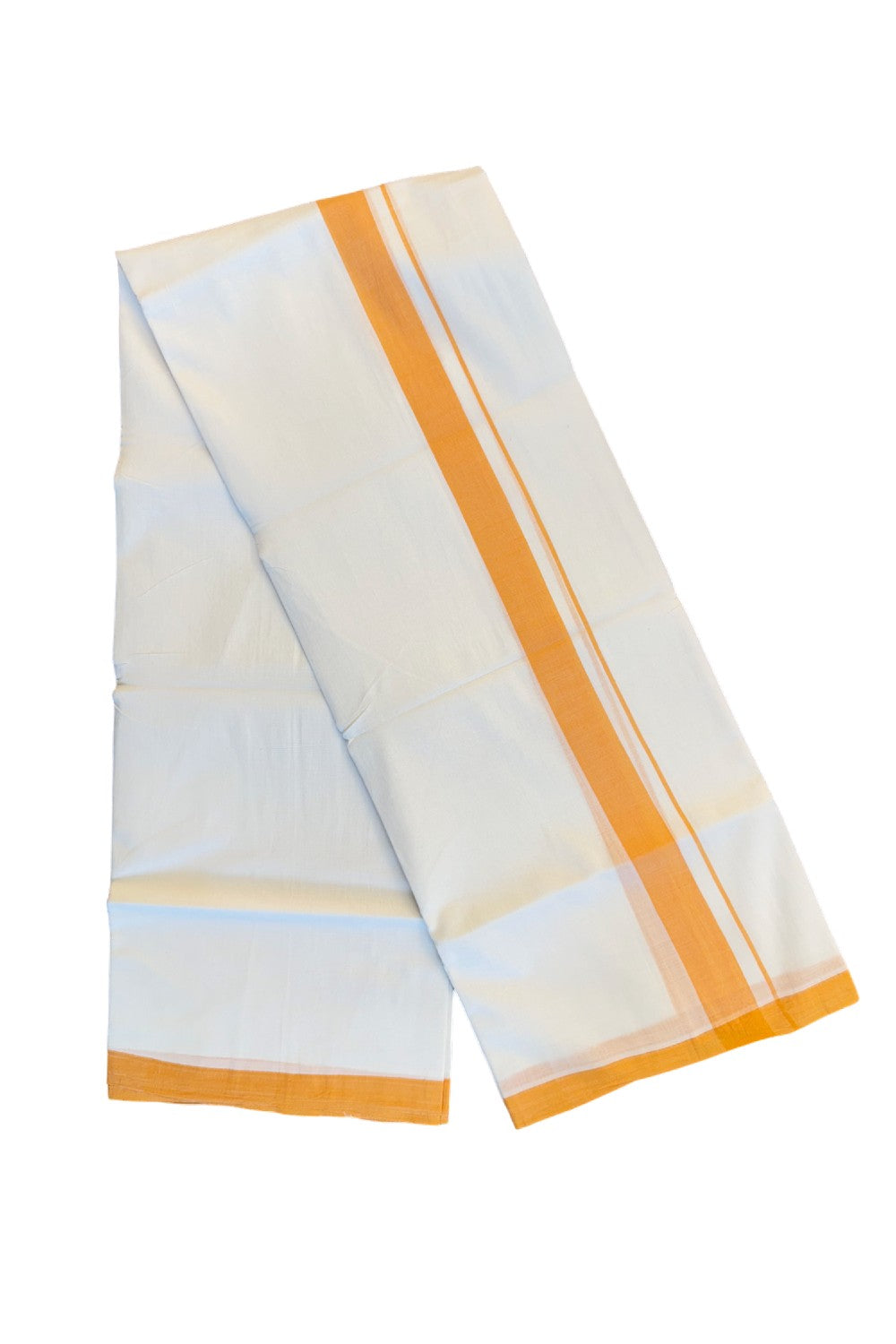 23% Discount! KaithariKada Balaramapuram Handloom 100% Millpaav Cotton Double Mundu/Dhoti Pure white - 100x100 Orange Mulloth Border 3.70m - 10KK404RAM