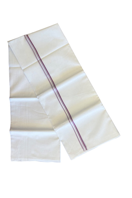 26% DISCOUNT ! KaithariKada Balaramapuram 100% Cotton Double Pure white Mundu/Dhoti-100X100 - Light Magenta & Stripes 2cm Kara.- 10KK406ASH