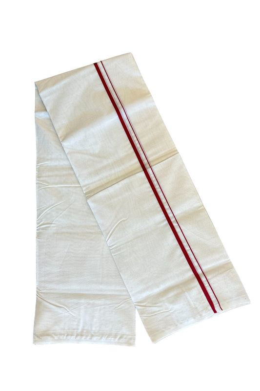 18% DISCOUNT ! KaithariKada Balaramapuram 100% Cotton Double Off white (Unbleached) Mundu/Dhoti-100X100- 2. cm Brick Red Kara. 3.72 mtr (8 Muzham) - 10KK417ASH