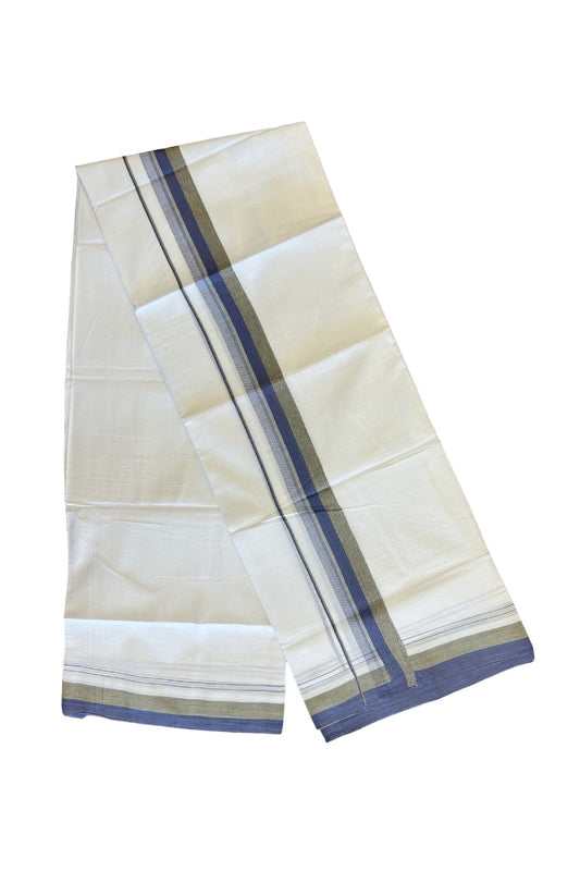 26% DISCOUNT!!! KaithariKada Balaramapuram 100% Cotton PURE white Double Mundu/Dhoti-100x90   2.25 Inch Blue + Yellow shaded stripes kara  - 10KK448VIN