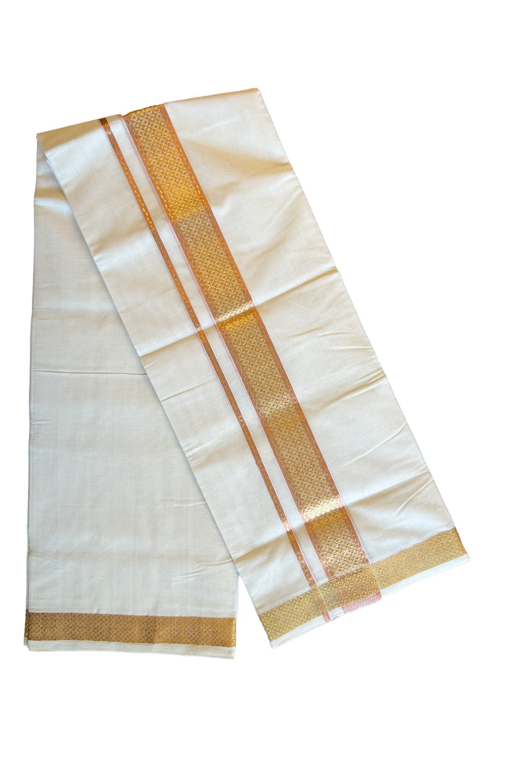 20% DISCOUNT!! KaithariKada HANDLOOM UNAKKUPAAV Balaramapuram - 100% PURE Cotton OFF White Double Mundu/Dothi - 3 Inch Kasavu & Copper designer Kara - 10KK456KK