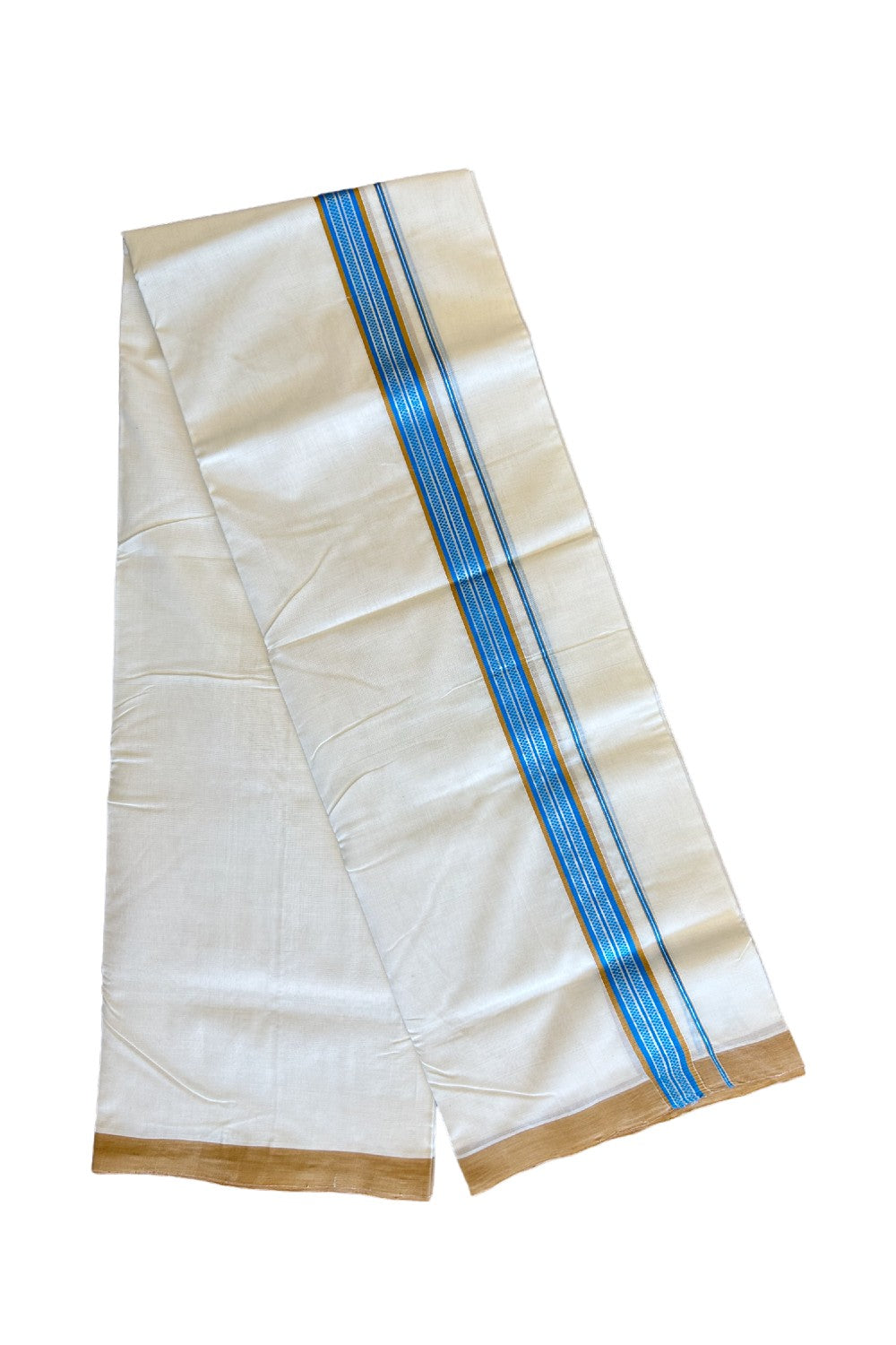 15% DISCOUNT!! KaithariKada HANDLOOM UNAKKUPAAV Balaramapuram - 100% PURE Cotton OFF White (Unbleached) Double Mundu/Dothi - Silver kasavu Pattern Sky blue & Light brown kara 3.75m (8.30 Muzham) - 10KK458SOM