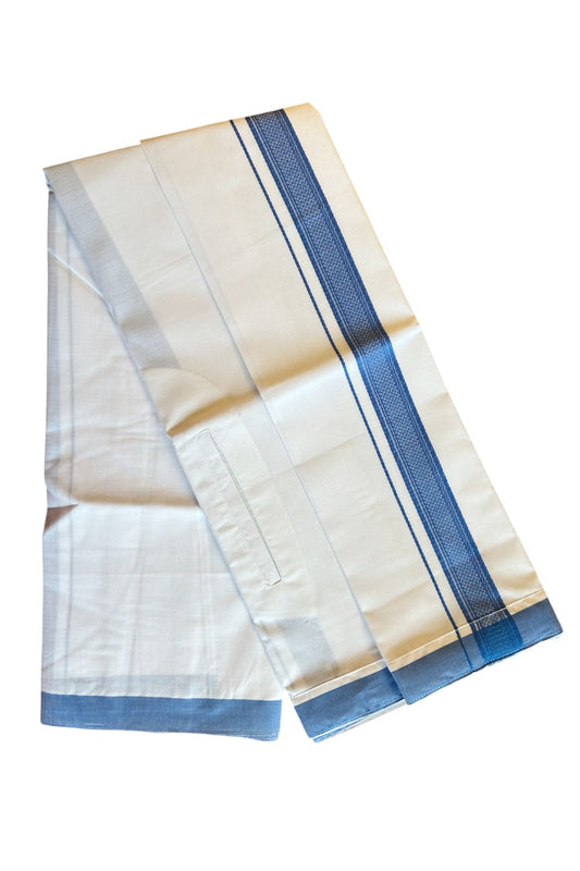 KaithariKada Balaramapuram COTTON SINGLE PURE WHITE VELCRO Mundu/Dhoti  - 1.5inch Blue kara - 10KK485SRI