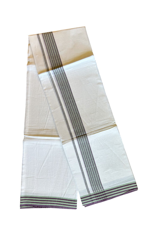 29% DISCOUNT! KaithariKada Balaramapuram 100% Cotton Ultra WHITE Double Mundu/Dhoti-100x100 2.25 inch Light Green & Brown Stripes Cotton kara 3.70m- 10KK493RAM