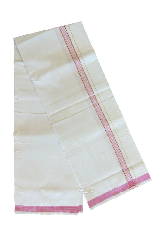 32% Discount KaithariKada 100% Cotton Balaramapuram HANDLOOM Single Mundu/Dhoti - Off White (Unbleached)1.45 inch Kasavu & Pink striped Kara  - 10KK499KK