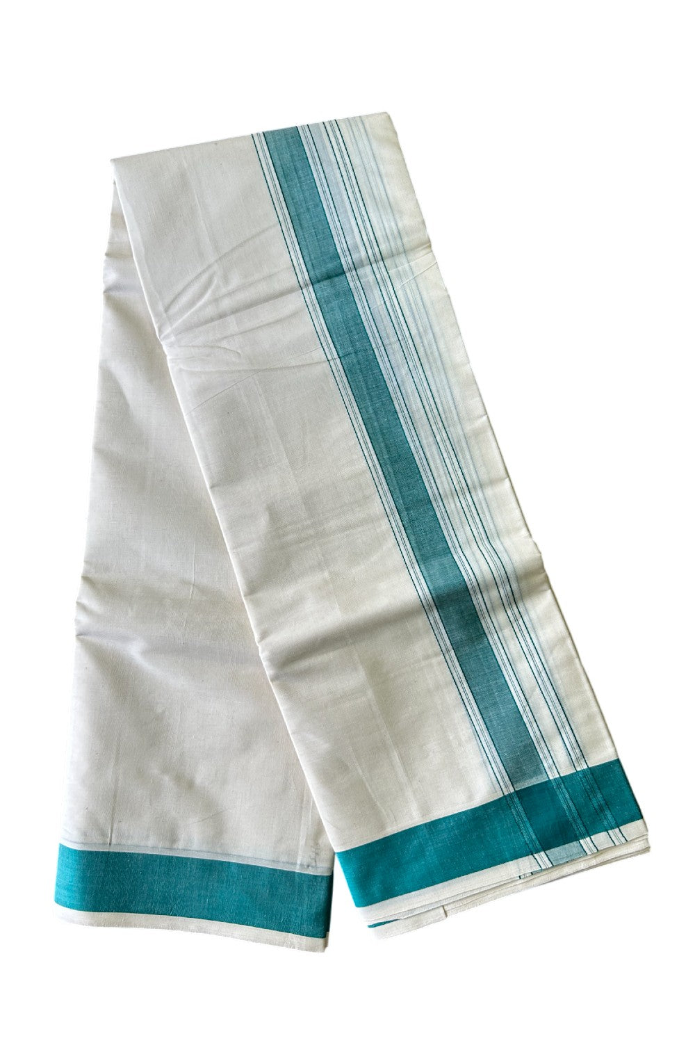 36% Discount KaithariKada 100% Cotton Off White - (Unbleached) - Pure Cotton - 100x100 thread - NORTH INDIAN- ATTACHED GAMCHA 9X5 Dhoti Light Peacock Green STRIPED 2.65 inch  kara - 10KK5004PMC