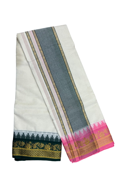 37% DISCOUNT! KaithariKada - Cotton Mix - Off White - (Unbleached)- 80 x80 thread - 80% Cotton & 20% Polyester - NORTH INDIAN  ATTACHED GAMCHA 9X5 Dhoti 5 inch Green kara with Pink & Green Kasavu Design border  - 10KK5005PMC