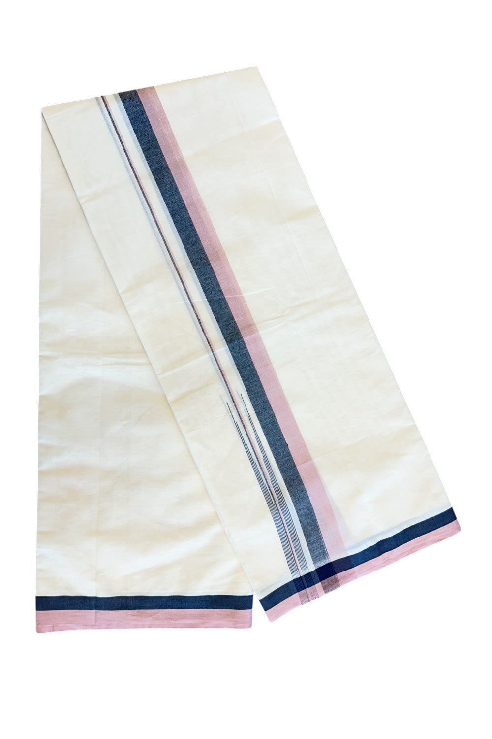 5% Discount!!! KaithariKada Balaramapuram  Double Off white - (Unbleached) Mundu/Dhoti - 80X90 - 1.75 inch Black & Dusty Rose shaded puliyilakkara striped chutty - 10KK5037KAI