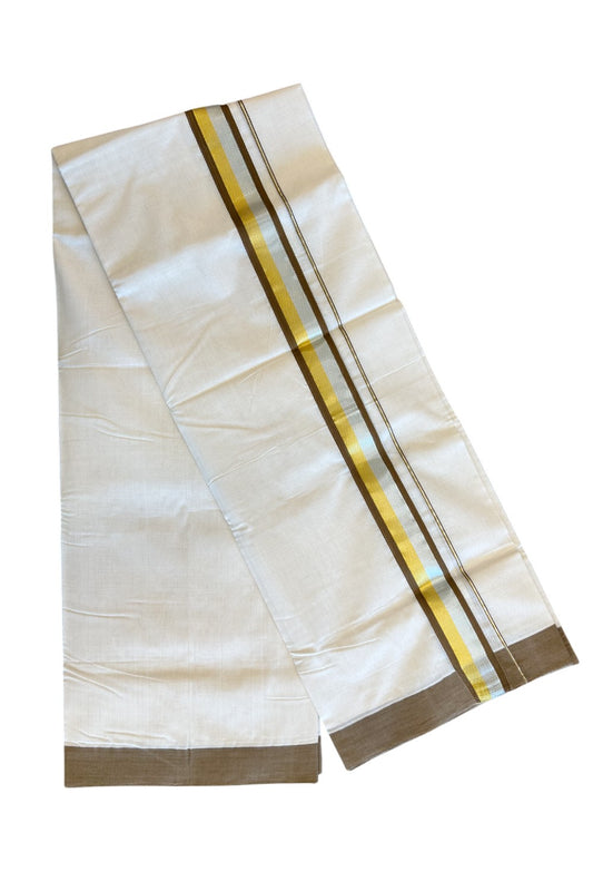 21% Discount KaithariKada HANDLOOM Unakkupaav Balaramapuram - 100% PURE Cotton Double Mundu/Dhoti -  2.25 inch Silver & Gold Kasavu with brown Kara-164