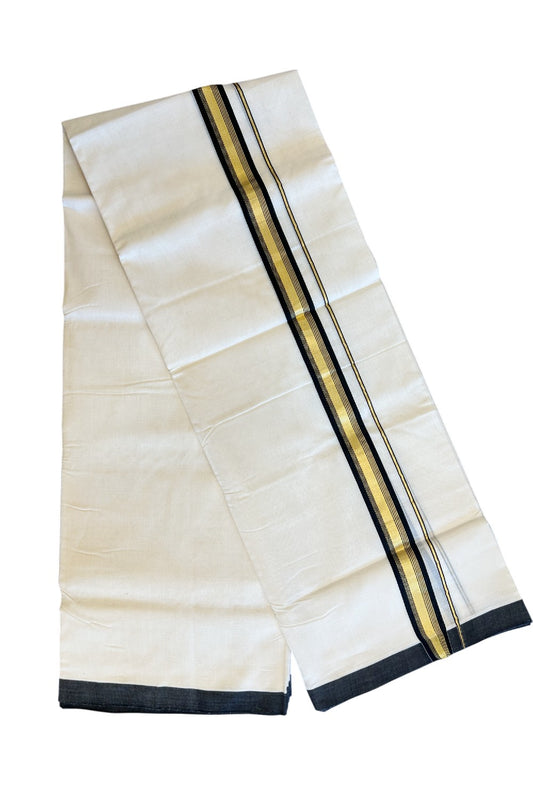 21% Discount KaithariKada HANDLOOM Unakkupaav Balaramapuram - 100% PURE Cotton Off White Double Mundu/Dhoti - 1.75 inch  Kasavu & Black 3 design Kara-215