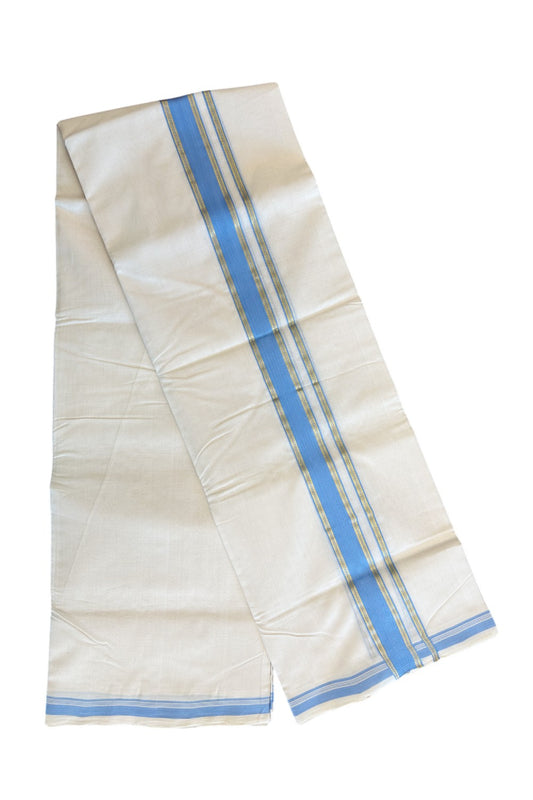 21% Discount KaithariKada HANDLOOM Unakkupaav Balaramapuram - 100% PURE Cotton Off white (Unbleached) Double Mundu/Dhoti -  2.inch Blue & Kasavu Stripes Kara 3.50m-146