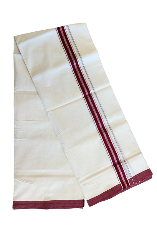 15% DISCOUNT! KaithariKada BALARAMAPURAM HANDLOOM UNAKKUPAAV - 100% PURE Cotton Off white (Unbleached) Double Mundu/Dhoti - 1.75inch Silver Kasavu & Maroon Stripes Kara-75