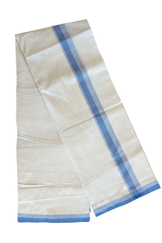 120X120 PREMIUM Kaitharikada Exclusive - 28% DISCOUNT ! BALARAMAPURAM HANDLOOM Unakkupaavu - 100% PURE Cotton Double Mundu/Dhoti OFF WHITE - 1.75 inch Blue Striped Kara - 10KK5065KK