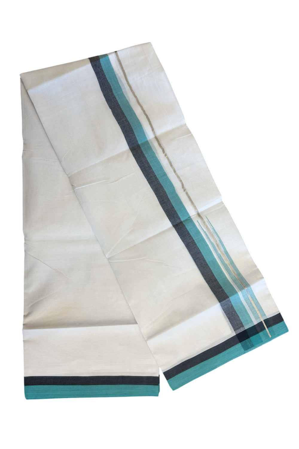 19% Discount!!! KaithariKada Balaramapuram  PURE WHITE Double Mundu/Dhoti - 80X90 - 2.25 inch Silver kasavu Black & Turquoise green  puliyilakkara striped chutty kara 3.85 meters - 10KK5058GUN