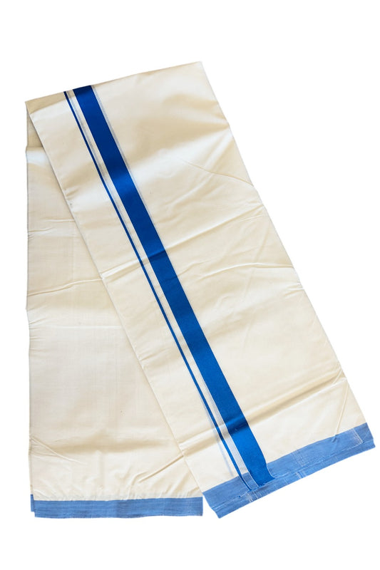 10% DISCOUNT! KaithariKada Balaramapuram HANDLOOM 100% Cotton Double Off white - (Unbleached) Mundu/Dhoti-100X100-  1.5inch BLUE  Kara-51