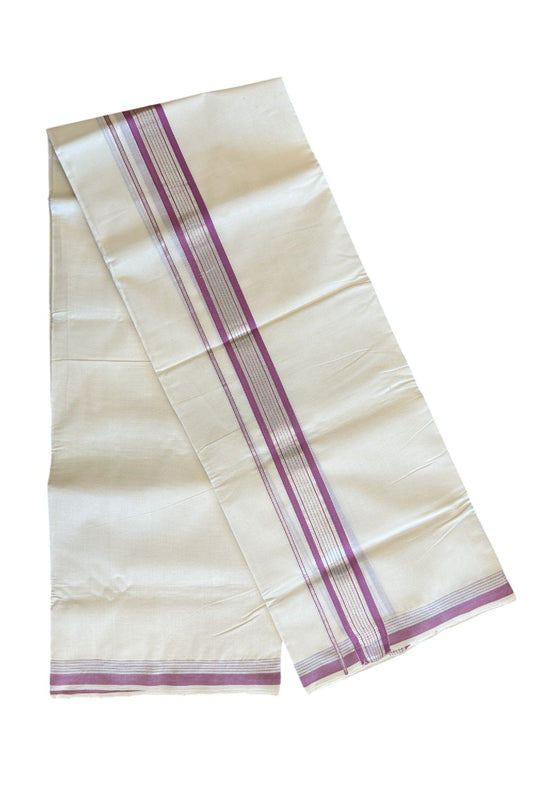 10% DISCOUNT! KaithariKada Balaramapuram Handloom 100% Cotton Double Off white (Unbleached) Mundu/Dhoti-100X100- 2.5  inch Silver Kasavu & Violet  Kara.-4.