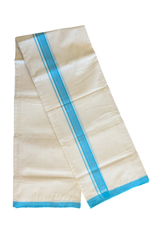 15% DISCOUNT! KaithariKada BALARAMAPURAM HANDLOOM Unakkupaav- 100% PURE Cotton off white (Unbleached) 100x100 3.80 METER  Double Mundu/Dhoti - Sky Blue Kara