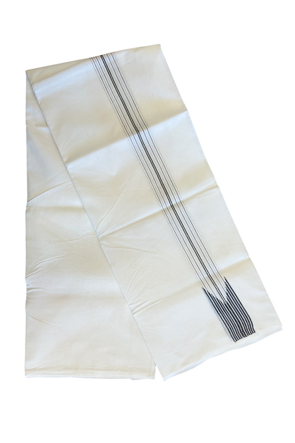 19% DISCOUNT!!! KaithariKada 100% Cotton Pure white Double Dhoti/Mundu- 12 Line Puliyilakkara Chutty Black & silver kassavu Stripes - 10KK5066KK