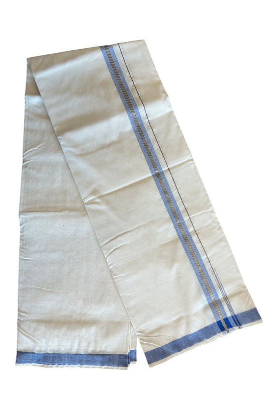 32% Discount ! KaithariKada 100% Cotton Balaramapuram HANDLOOM Single Mundu/Dhoti - Off White (Unbleached) 1.Inch Blue & Stripes Kasavu Puliyilakkara Chutty- KAIR05.