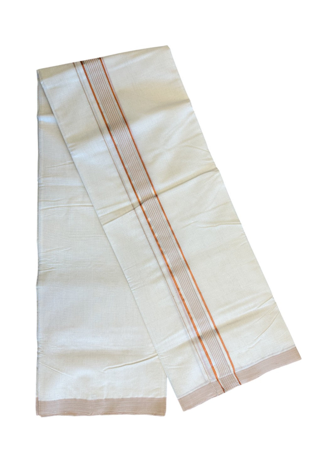 24% DISCOUNT!! KaithariKada HANDLOOM Millpaav Balaramapuram - 100% PURE Cotton OFF White - (Unbleached)  Double Mundu/Dothi - Silver & Copper Kasavu with White & Cream Stripes - 3KK56RAM